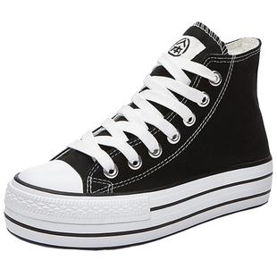 人本帆布鞋女春季透气高帮松糕底内增高板鞋黑色软底百搭厚底女鞋