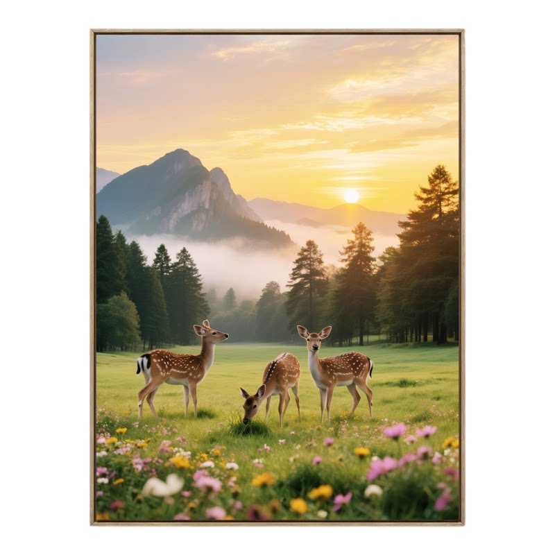 高级办公室风水挂画山林日出福鹿客厅东墙富贵吉祥壁画书房装饰画