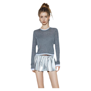 SSPARKLING2025秋季款SSPK灰色羊毛假两件logo套头短上衣T恤女