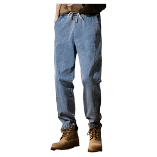 美式复古松紧腰系绳牛仔裤男夏季锥形小脚修身弹力九分裤子男款