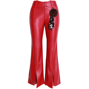 2025秋冬新款真皮皮裤女绵羊皮微喇叭开叉九分裤高腰显瘦阔腿长裤