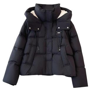 黑色高级感小短款连帽面包羽绒服女士2025冬季新款小个子加厚外套