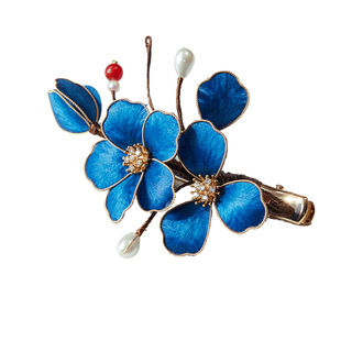 SORO苏绒【蓝花映珠】原创设计中式发夹苏州非遗绒花发饰手工设计