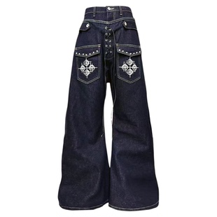 DETW 25AW*原创小众铆钉抽绳双腰设计-弯刀原牛高级感牛仔裤男女