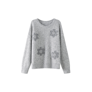 OSA欧莎复古手工花朵绣花毛衣女冬季新款圆领宽松慵懒针织衫上衣