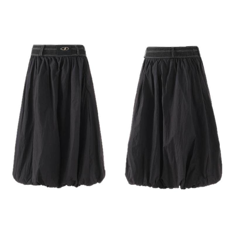 THE BLACK 黑色蓬蓬裙半身裙女2025新款牛仔腰拼接小众花苞中长裙