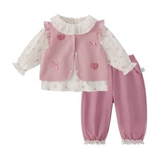 [7A抗菌]女童秋天套装宝宝法式三件套女小童新款春装儿童衣服女孩