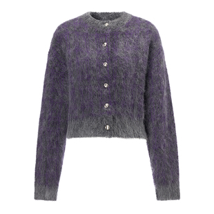 EVAOUXIU绵羊毛拉绒圆领软糯温暖开衫短款花纱毛衣针织衫