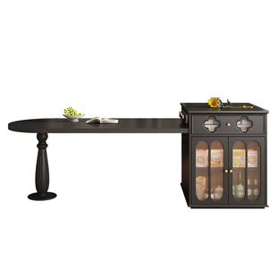 复古风岛台餐桌一体家用可伸缩弧形岩板开放式厨房带电磁炉吧台柜