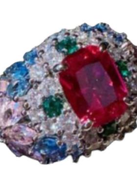 莫奈花园石榴红宝石手镯 古董感 镀18K金 贵妇胭脂红锆石花朵戒指