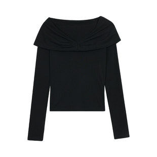 pusumede Lady线条 法式一字领露肩针织上衣女高级气质长袖打底衫