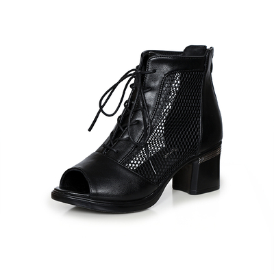 妈妈凉鞋女粗跟2025春夏季高跟鞋真皮鱼嘴鞋网纱中跟凉靴镂空网鞋