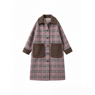 大码胖mm紫色加厚呢大衣女秋冬新款羊羔毛长款格子拼接毛呢外套