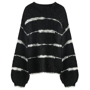 COCOBELLA撞色条纹粗针镂空毛衣女早春松弛感花式纱针织衫MZ3020