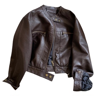 小C家 美拉德风棕色皮衣外套女2026新款春季小个子立领短款皮夹克