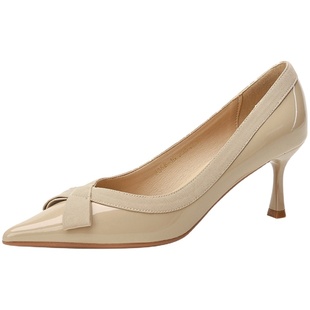 羊皮裸色尖头蝴蝶结细跟3公分高跟鞋女配裙子2026春秋款单鞋软皮