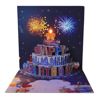 生日快乐贺卡吹蜡烛3D礼花立体蛋糕小卡片发光有声创意高级感祝福