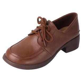 真皮软底妈妈鞋深口粗跟单鞋26新款春秋中跟不累脚女鞋系带小皮鞋