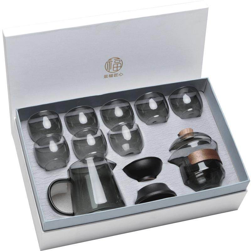 景福匠心高硼硅玻璃茶具耐高温加厚耐热玻璃防烫盖碗办公茶具套装