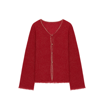 CONCISE-WHITE简白2025秋冬新品毛边V领羊毛开衫毛衣针织衫上衣女