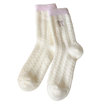 澳绒冬季袜子女毛绒蝴蝶结中筒袜