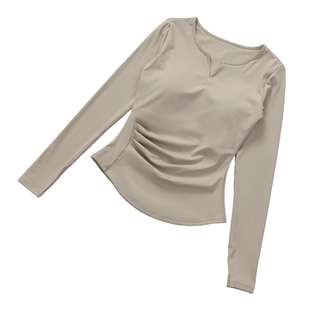 7A抗菌带胸垫一体瑜珈上衣速干健身女运动服透气褶皱修身长袖T恤