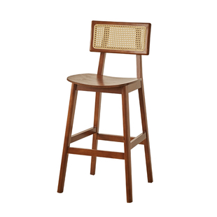 实木藤编吧台椅北欧复古家用岛台高脚凳中古设计师酒吧靠背高椅子