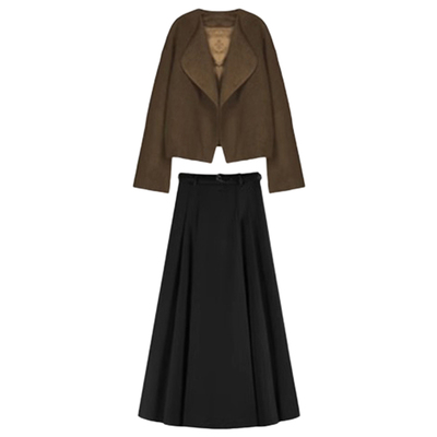 气质一整套ootd穿搭女秋冬大码赫本风短款毛呢外套百褶半身裙套装