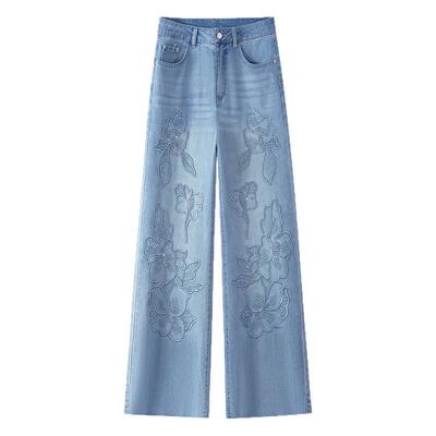 蓝色花朵刺绣阔腿牛仔裤女夏新款