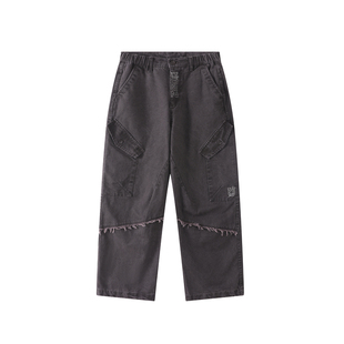 US联邦街牌刺绣斜袋裤做旧洗水斜纹棉布街舞嘻哈风美式工装牛仔裤