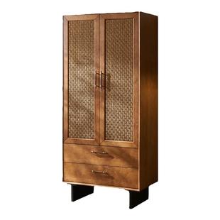 中古风实木藤编衣柜收纳储物柜侘寂风复古橱柜民宿卧室双门衣帽柜