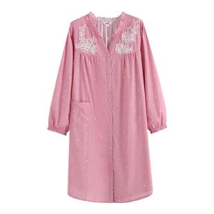 伊丝芬春夏新款V领全开襟长袖睡裙纯棉双层纱提花女士睡衣裙32014