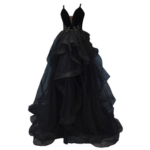 网纱吊带晚礼服裙法式轻奢高级感蓬蓬裙黑色主持人艺考在逃公主裙