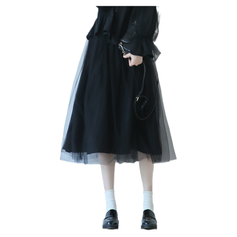 suin2025春夏新款小个子高腰森女黑色a字大摆蓬蓬网纱中长半身裙