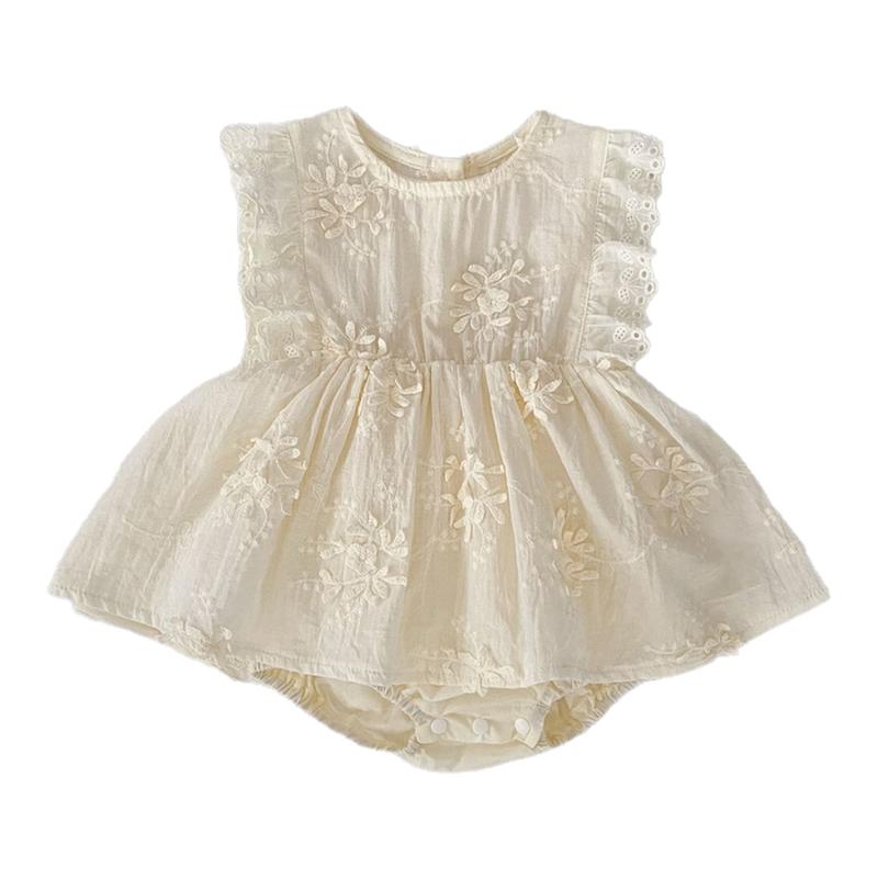 嬰兒夏季新款女寶刺繡花邊飛袖公主哈裙嬰幼兒百日宴周歲服包屁衣
