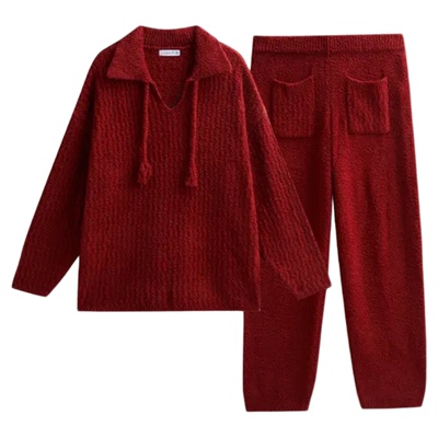 半边绒红色家居服睡衣套装
