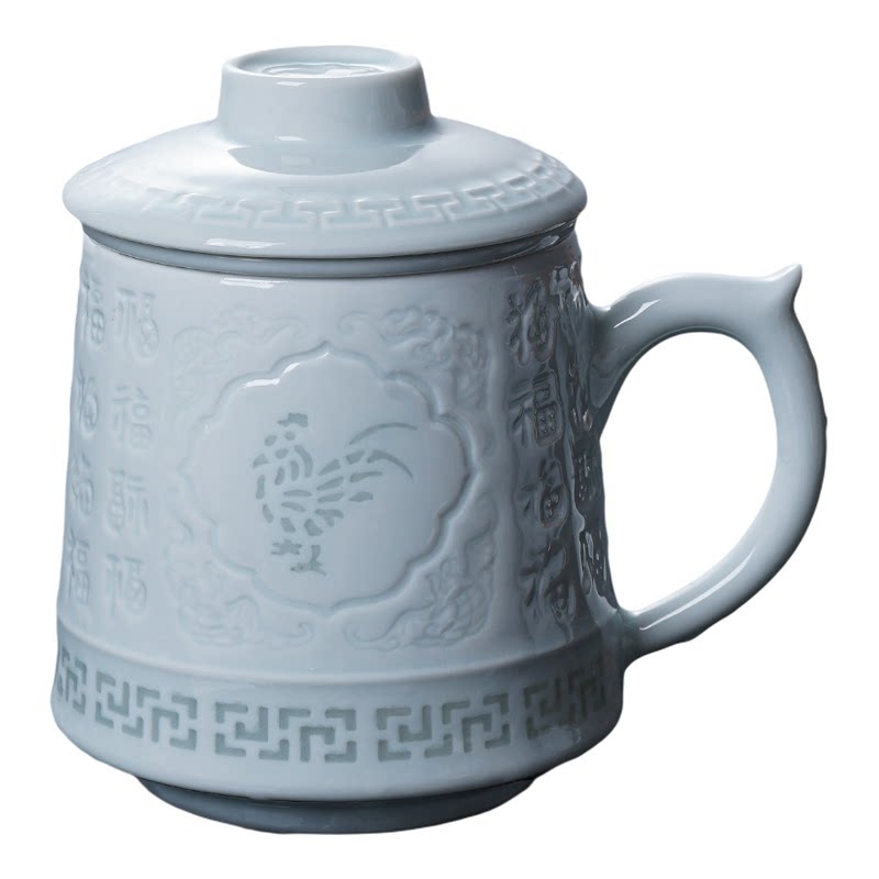 景德镇陶瓷中式商务茶水分离带手柄杯子高端办公杯十二生肖玲珑杯