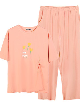 夏季女印花圆领短袖七分裤套装