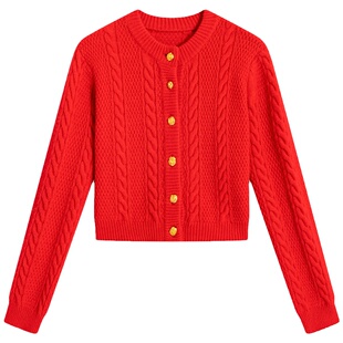 落落狷介红色毛衣女2025新款麻花设计感小众开衫短款毛线衣小个子