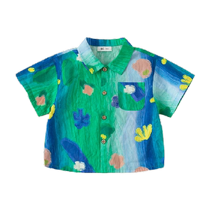 男童衬衫夏装2025新款女童花衬衫儿童衣服夏天宝宝短袖上衣衬衣潮