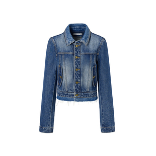 LEDIM WANG撞色短款牛仔外套女2026春季新款假两件长袖纯棉修身