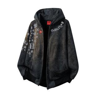 查尔斯桃心满天星扎染涂鸦开衫连帽卫衣男春秋季新款潮牌情侣外套