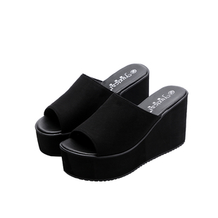 坡跟拖鞋女夏外穿松糕舒适防滑休闲一字拖高跟厚底增高凉拖女黑色