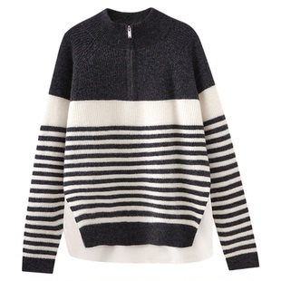 水云间条纹假两件套头毛衣女长袖羊毛针织衫上衣保暖厚2025秋冬款