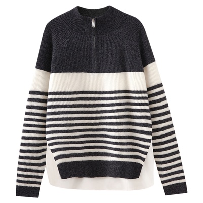 水云间条纹假两件套头毛衣女长袖羊毛针织衫上衣保暖厚2025秋冬款