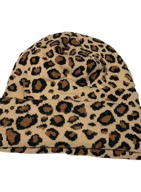 网红同款豹纹毛线帽韩国女秋冬季套头帽针织加厚防风保暖双层帽子