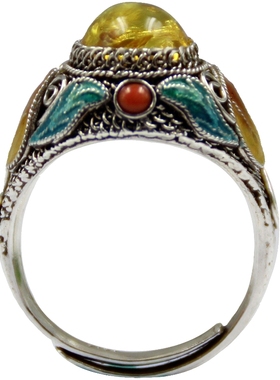 烧蓝镶嵌琥珀汉服掐丝珐琅戒指