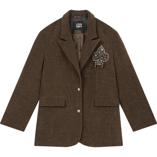 妖精的口袋复古棕色撒银西装女2025年冬季新款学院风肌理感外套