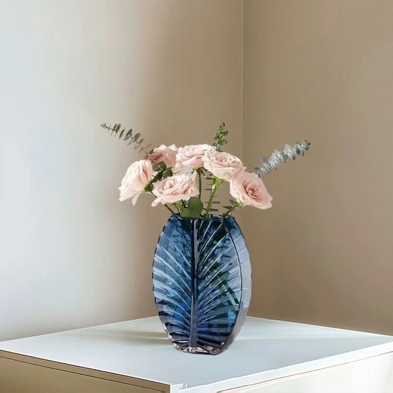 热带雨林系列蓝色树叶纹理玻璃新颖摆件样板间口花瓶时尚扁设计