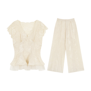 CUICUI崔崔【雾凇见鹿】高级感刺绣荷叶摆显瘦小衫上衣休闲裤套装